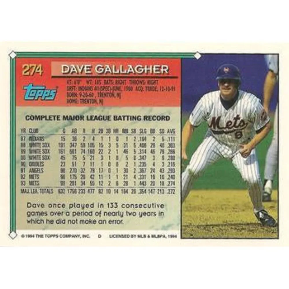 1994 Topps Dave Gallagher # 274 New York Mets